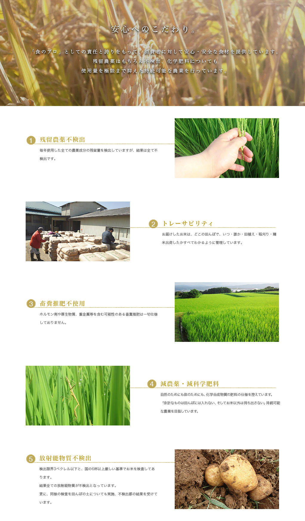 安心へのこだわり 「食のプロ」としての責任と誇りをもって、安心・安全な食材を提供。残留農薬不検出、化学肥料減肥。